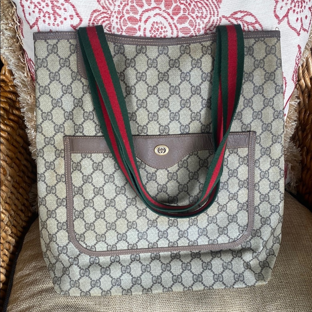 Gucci Cream and Red Tote Bag with Iconic Design
